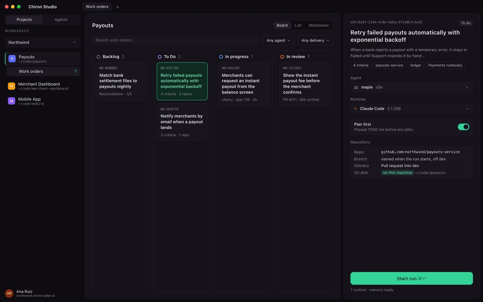 Chiron Studio on the desktop: a work-order board with the selected item's agent, coding runtime, plan-first setting and repository delivery settings beside it.