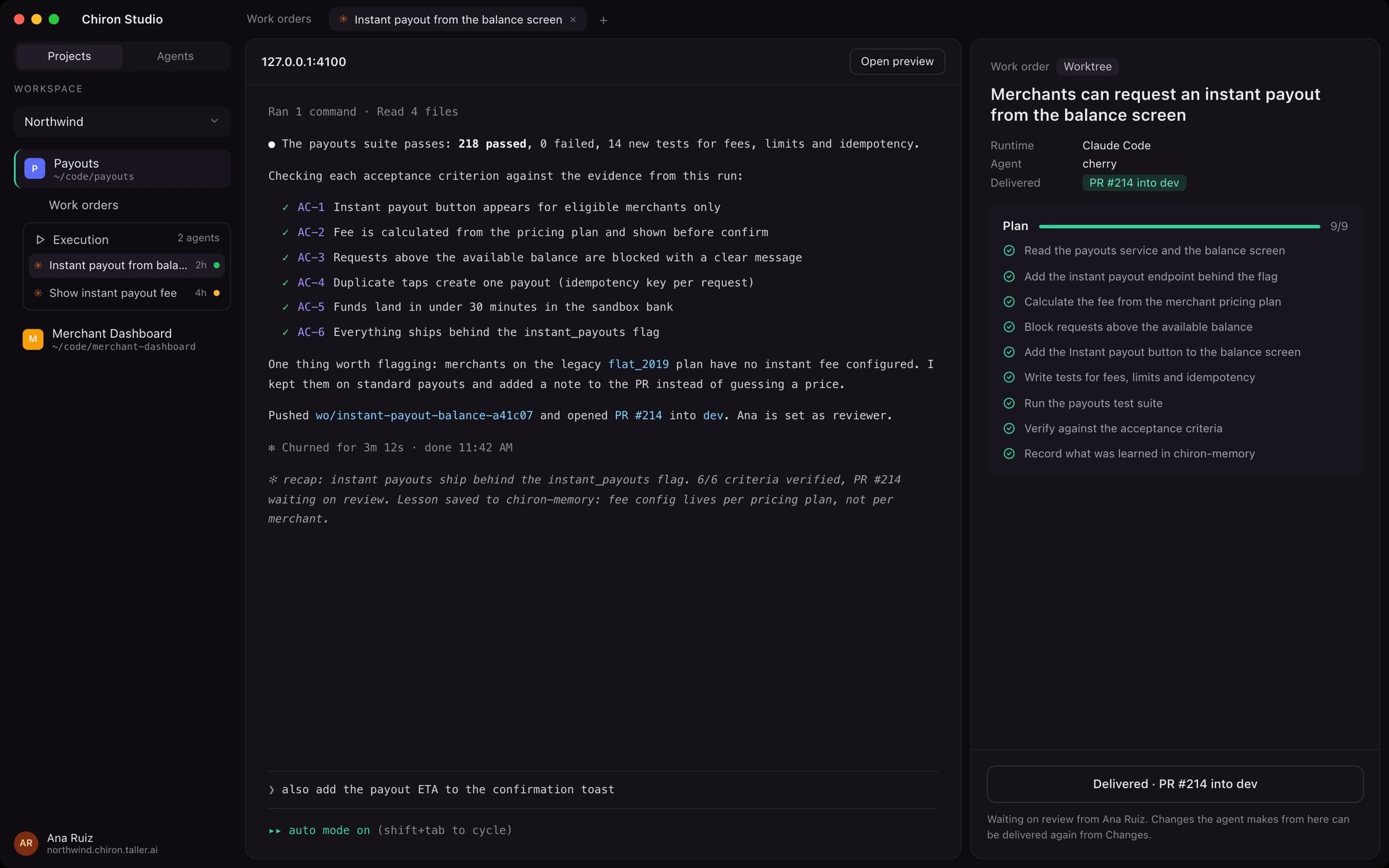 Chiron Studio reviewing a finished run: every acceptance criterion checked off against the evidence from that run, the plan complete, and a pull request delivered and waiting on a named reviewer.